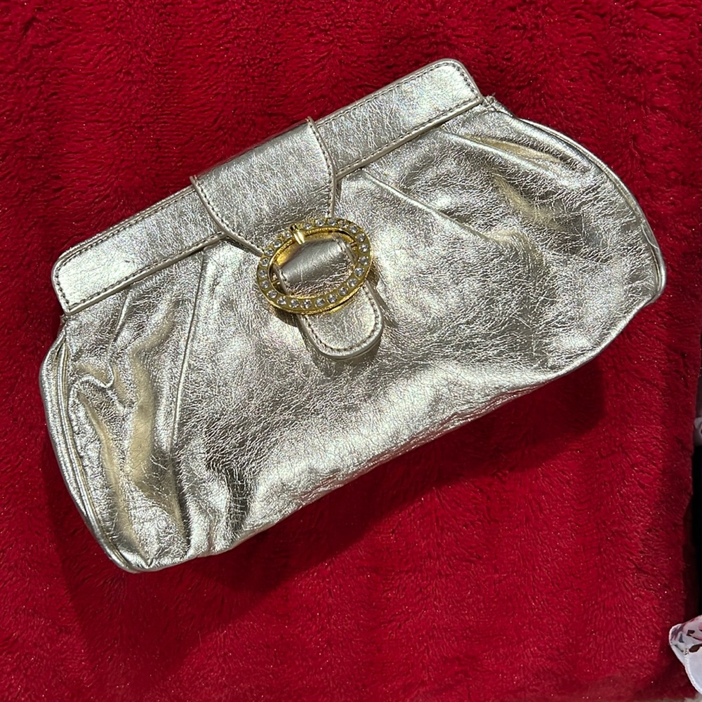 Gold Clutch Rhinestone Bedazzled Gem Circle Bag Soft Faux Leather Magnet Closure